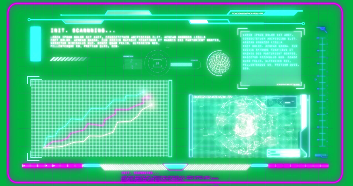 Animation of globe, graphs, information and data processing on black interface