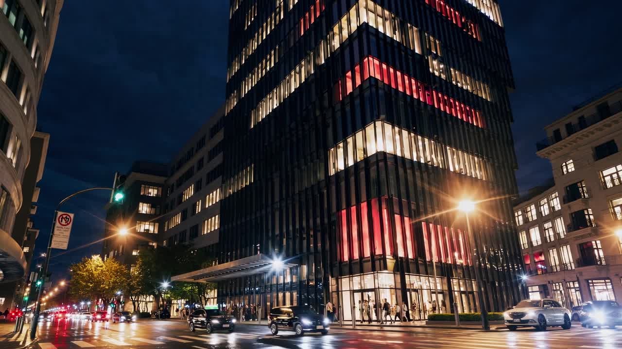 rascacielos moderno iluminando la calle urbana húmeda durante la noche, los coches que pasan creando rayas de luz roja y blanca contra un telón de fondo arquitectónico elegante