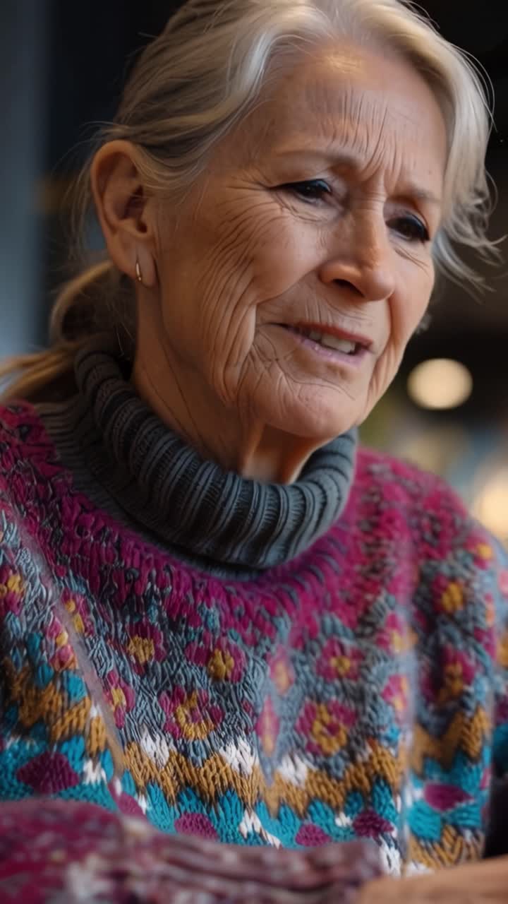 Warm sweater frames an older woman's gentle expression. Her hands rest calmly, suggesting quiet reflection. Soft focus highlights her peaceful, thoughtful demeanor. Ideal for scenes of tranquility