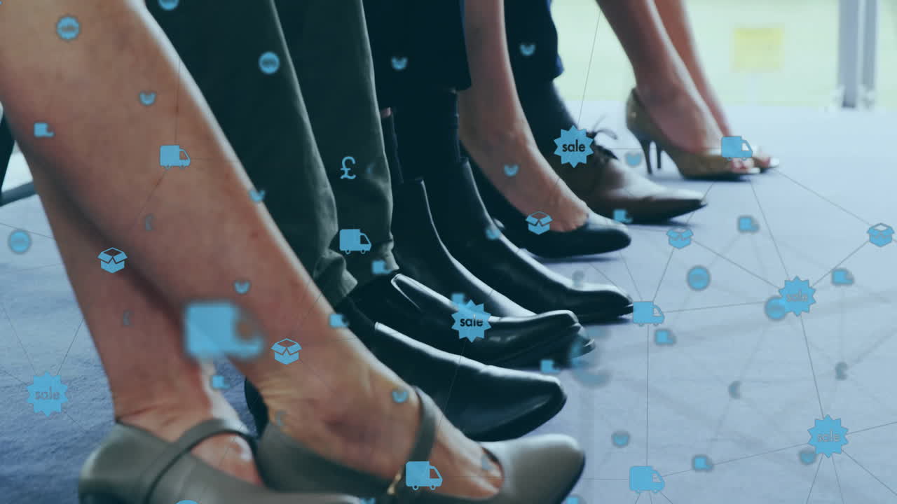 사무실의 책상에서 다양한 동료의 다리를 통해 비즈니스 네트워크의 애니메이션