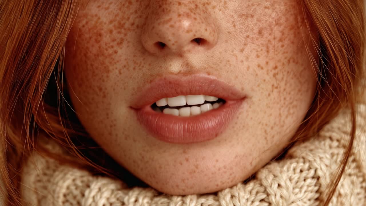 A Close-Up Portrait Highlighting the Intricate Details of Freckles, Full Lips, and Warm Textures of Skin and Knitwear in a Natural Setting
