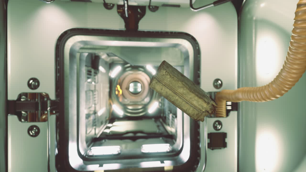 Floating canister inside a futuristic space station corridor at twilight