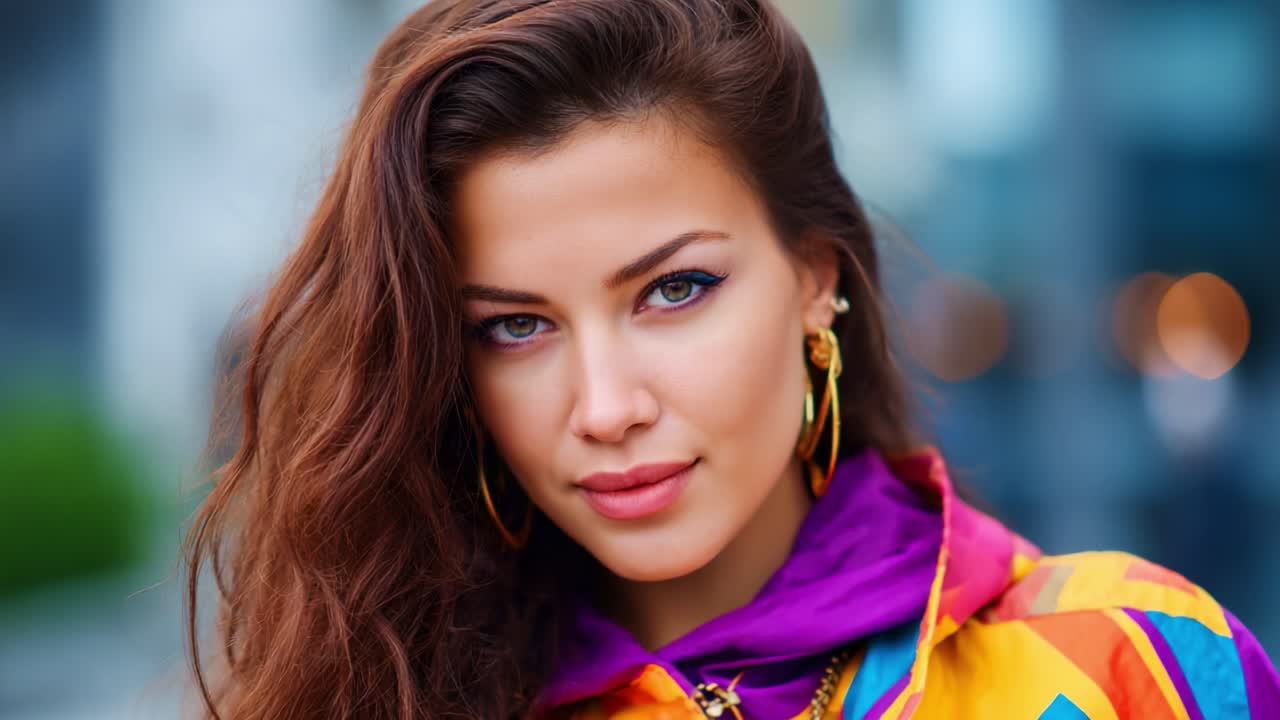 Primi piani accattivanti: donna elegante con capelli vibranti e trucco audace, che mette in mostra un completo estivo in un contesto urbano enfatizzando lo stile personale e la sicurezza.