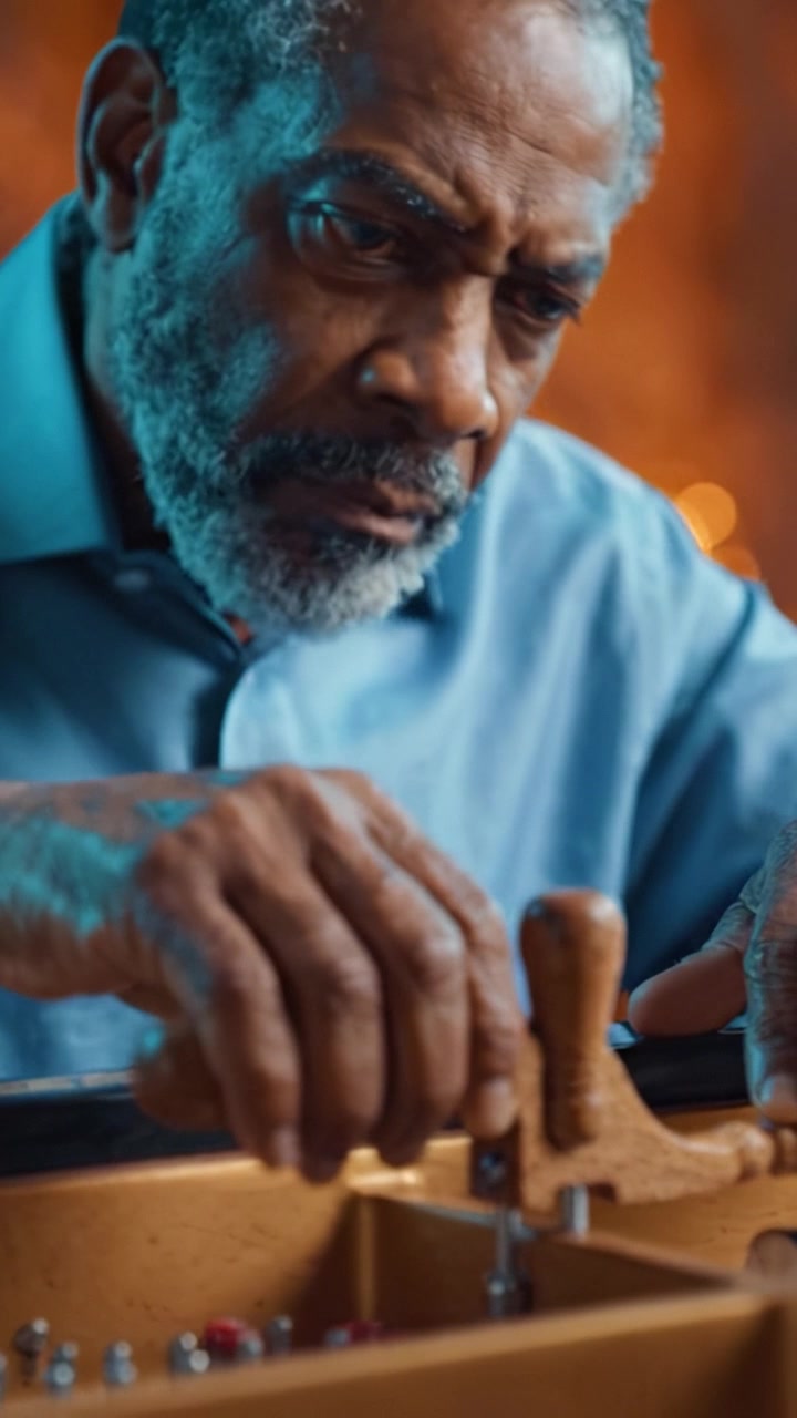 Skilled Craftsman Perfecting Instrument Tuning with Careful Precision, Hands Engaged in Traditional Artistry Showcasing Craftsmanship and Deep Focus in Each Movement