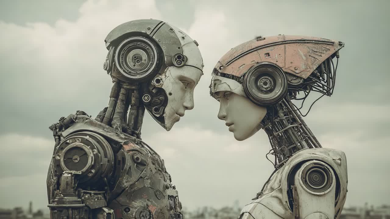 A Captivating Encounter: Two Futuristic Robots Face Each Other, Showcasing Advanced Design and Emotion, Set Against a Dramatic Cloudy Sky that Enhances Their Features