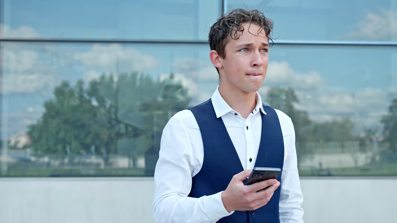 Young Businessman Using Cellphone And Waiting Outside Corporate Office - Medium Shot