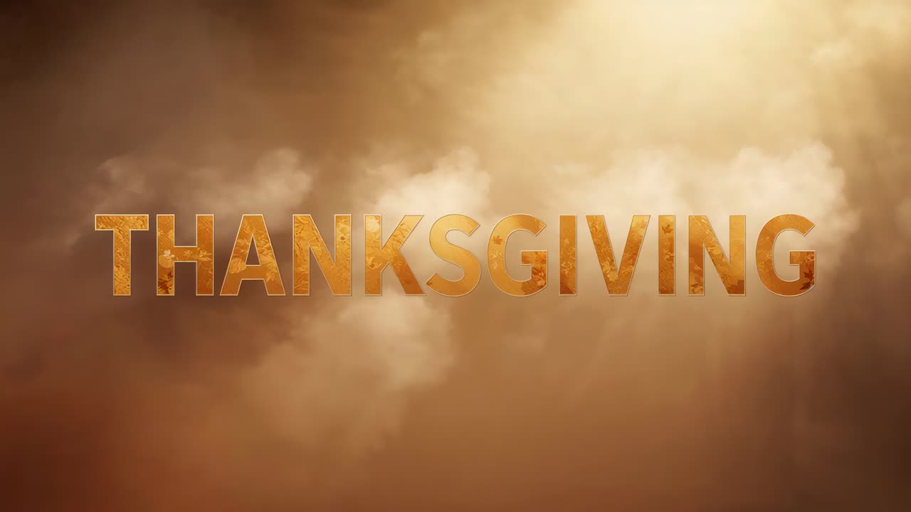 Rising top-right light, THANKSGIVING title glowing on title-card, gold-fill, smoke for festive mood
