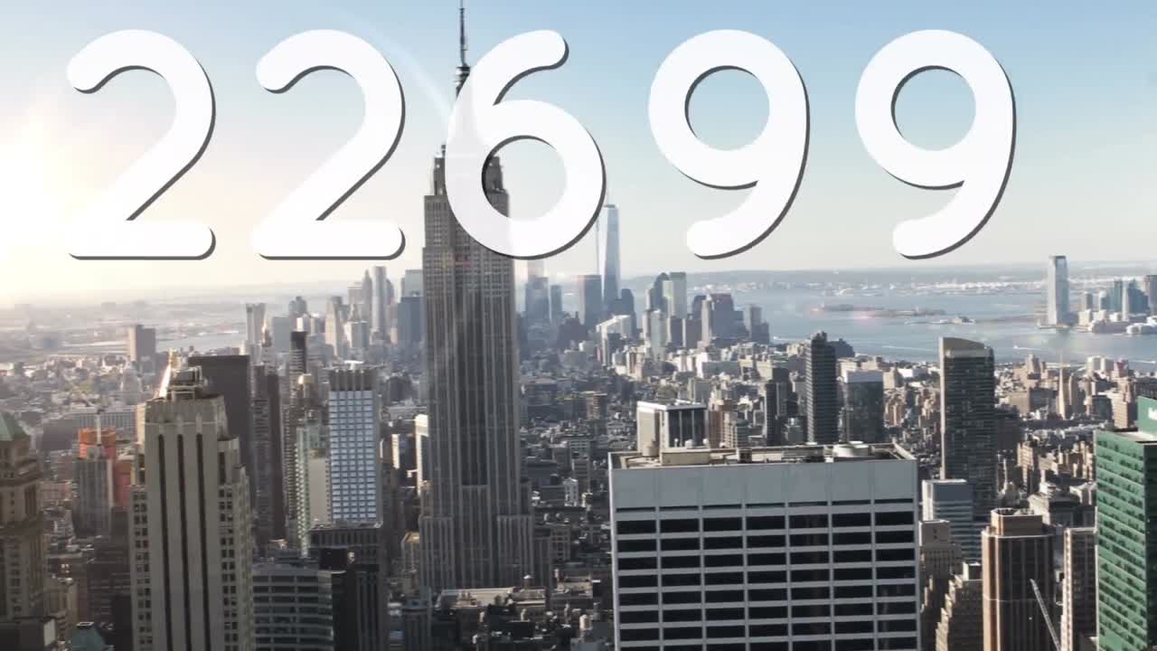 composición digital de números crecientes frente a una vista aérea del paisaje urbano