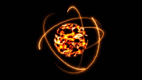 bola de fuego y átomo moviéndose por energía infinita, llama de lava rompe alrededor del núcleo