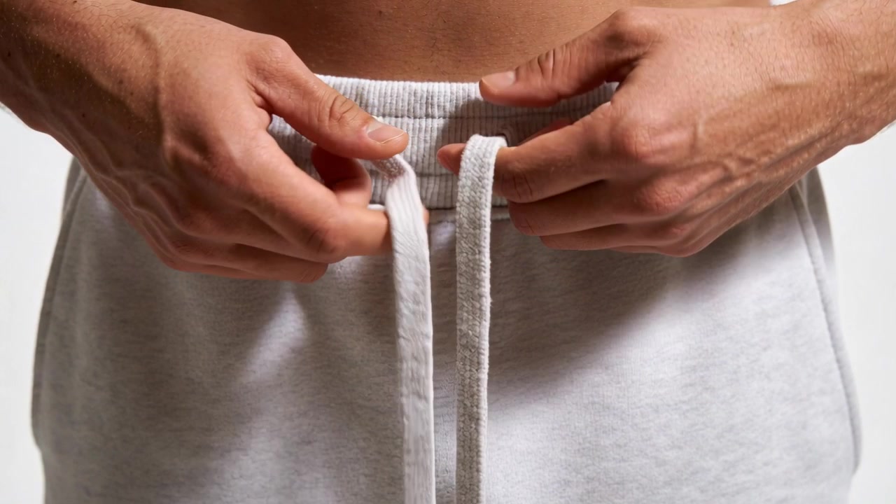 Holding strings male torso and hands looping and pulling knot securing sweatpants waist, white wall