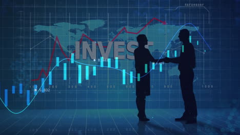 animación de gráfico sobre texto de inversión, mapa del mundo y silueta de hombres de negocios estrechando la mano