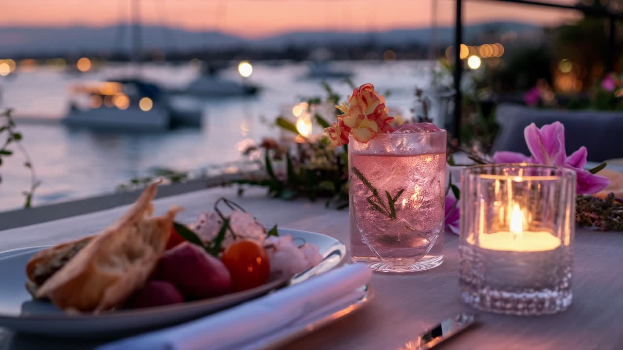 Creating a romantic atmosphere, pink cocktails, appetizer plates, and flickering candles enhance waterfront dining during sunset, offering a perfect setting for special occasions and celebrations