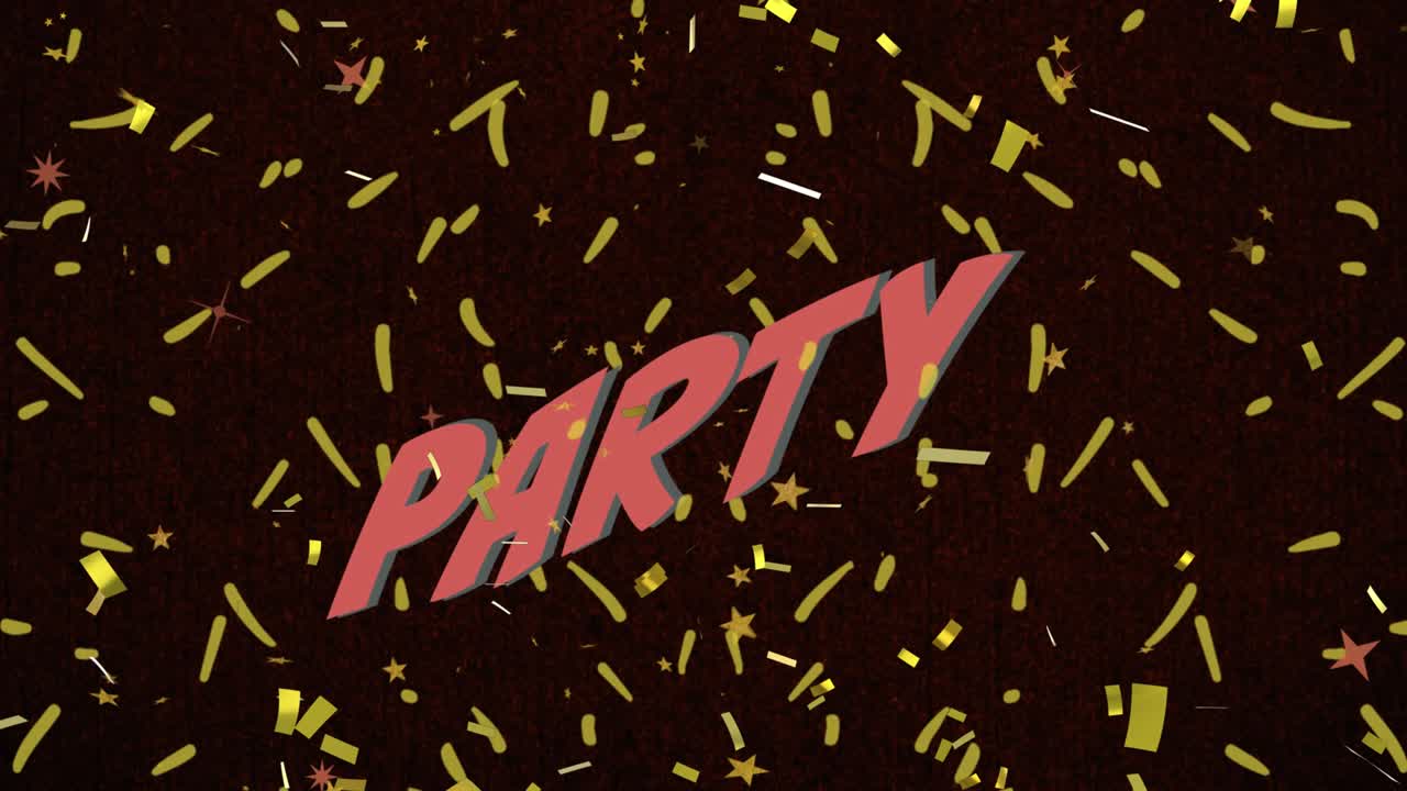 Animation of party text in pink with gold confetti on black background