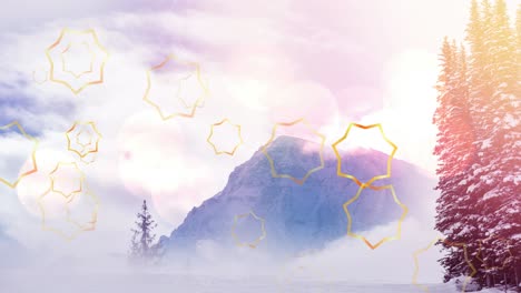 animación de estrellas de navidad cayendo sobre el paisaje de la montaña
