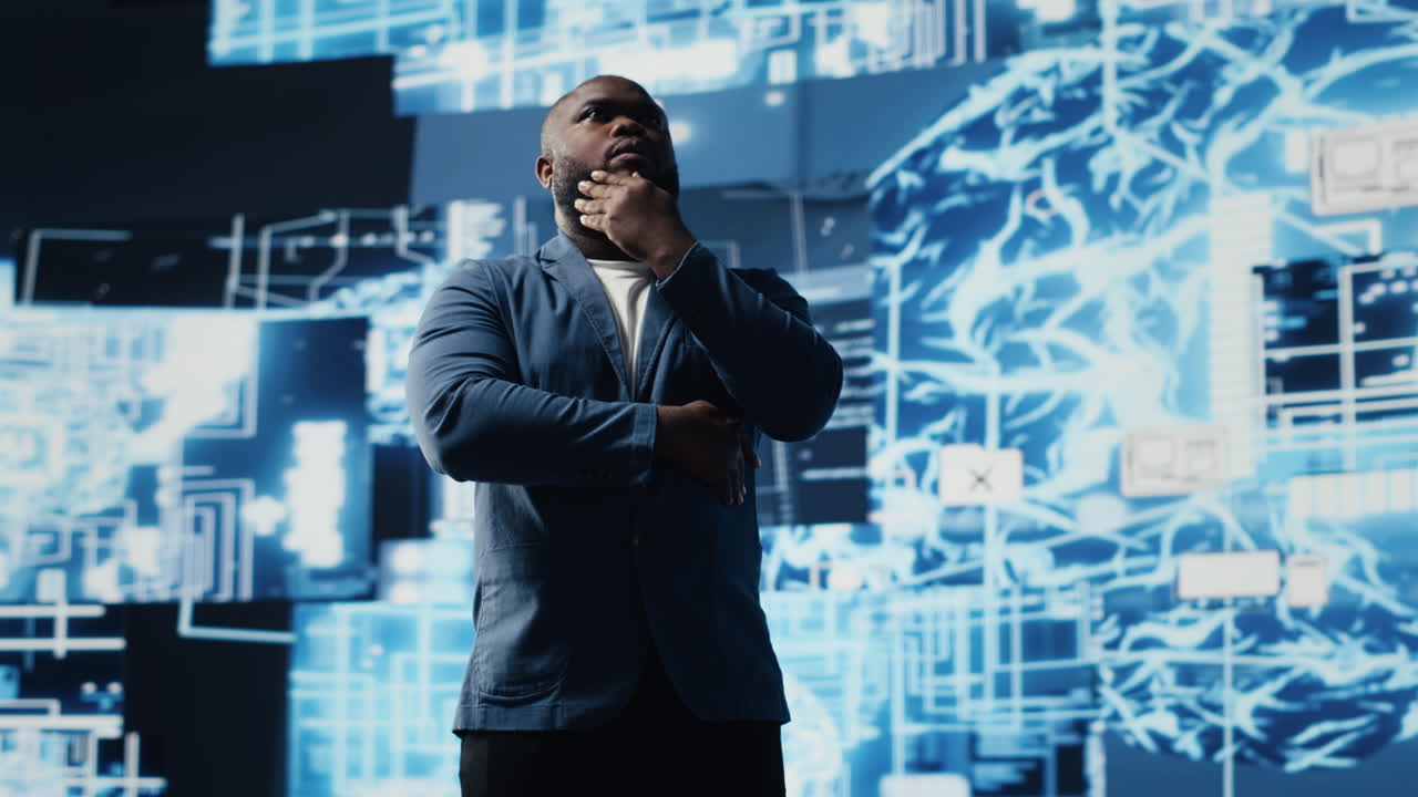 African American businessman studying digital AI brain interface