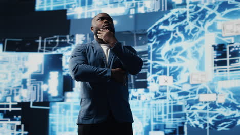 african american businessman studying digital ai brain interface