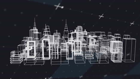 digital animation of 3d city model spinning against white particles on black background