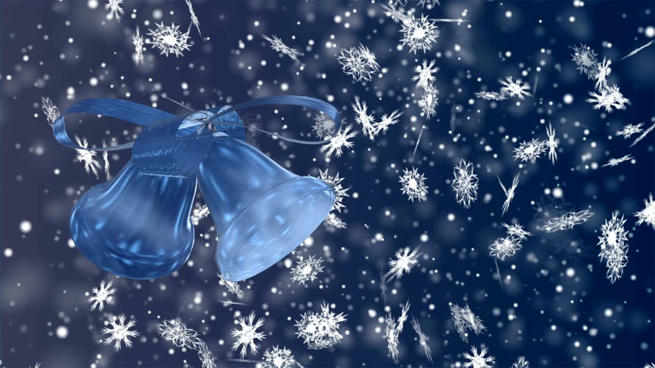 navidad y año nuevo animación de bucle sin fisuras. copos de nieve de navidad y campana en fondo azul. país de las maravillas de invierno copos de nieve mágicos.