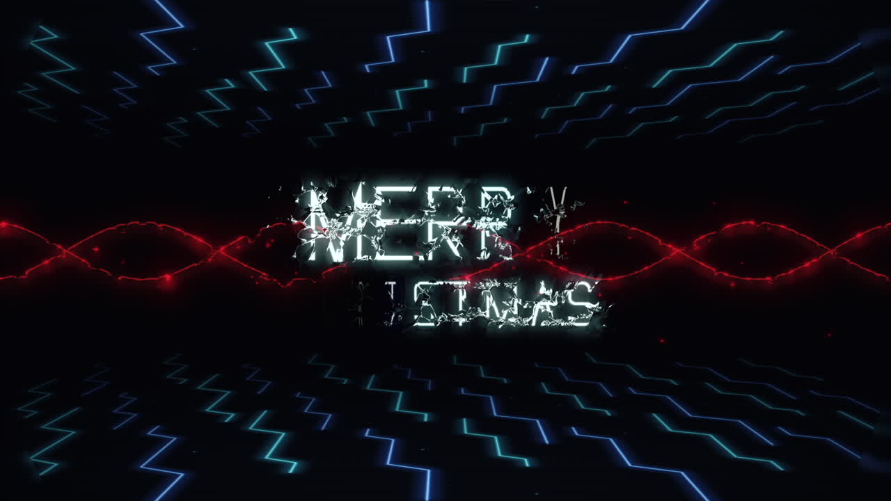 Merry Christmas text with neon HUD elements and waves on screen