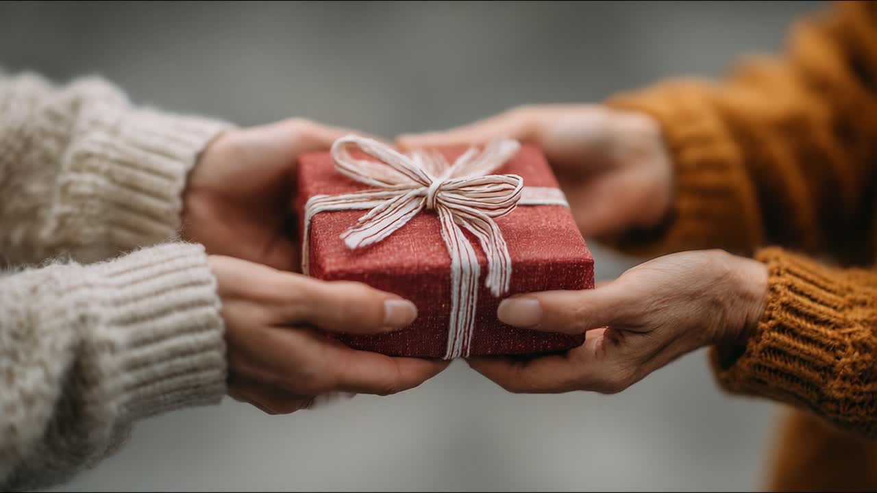 Un momento che scalda il cuore di scambio di doni: due mani che presentano un regalo splendidamente incartato con una sfocatura delicata, a significare connessione, gioia e lo spirito del donare.