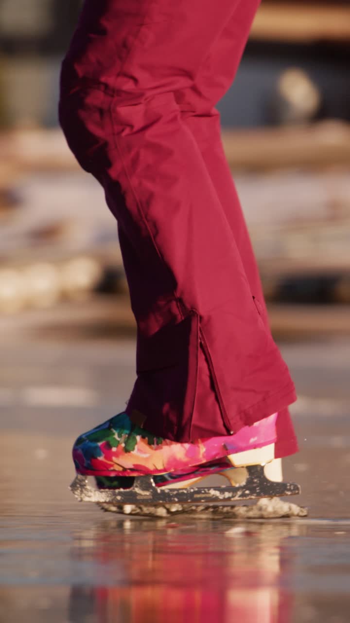 Un paio di colorati pattini da ghiaccio scivola con grazia sulla superficie liscia di un lago ghiacciato, mettendo in mostra motivi vivaci e abbigliamento elegante, sottolineando la gioia e l'eleganza del pattinaggio in ambienti invernali.