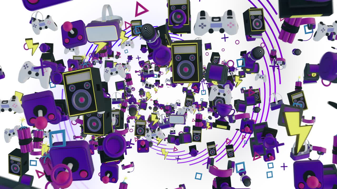 색 배경의 모양 위에 게임 및 음악 아이콘의 애니메이션