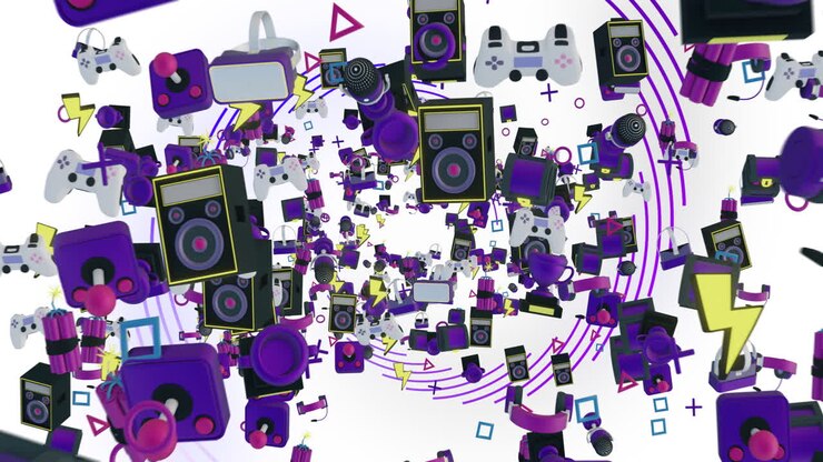 Animation of gaming and music icons over shapes on white background