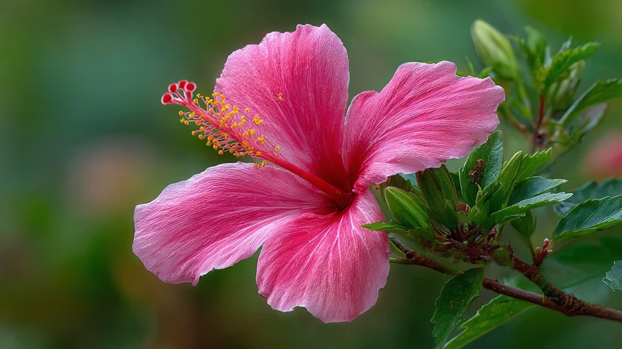 Una splendida vista ravvicinata di un vibrante fiore di ibisco rosa che mostra petali delicati e dettagli intricati su uno sfondo verde tenue.