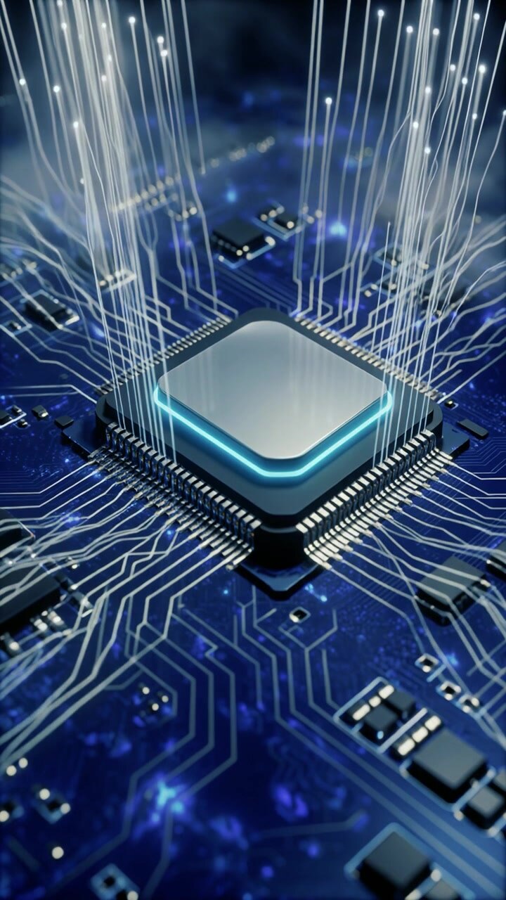 Chip di Unità di Elaborazione Centrale che Emette Flussi di Dati su Circuito Stampato