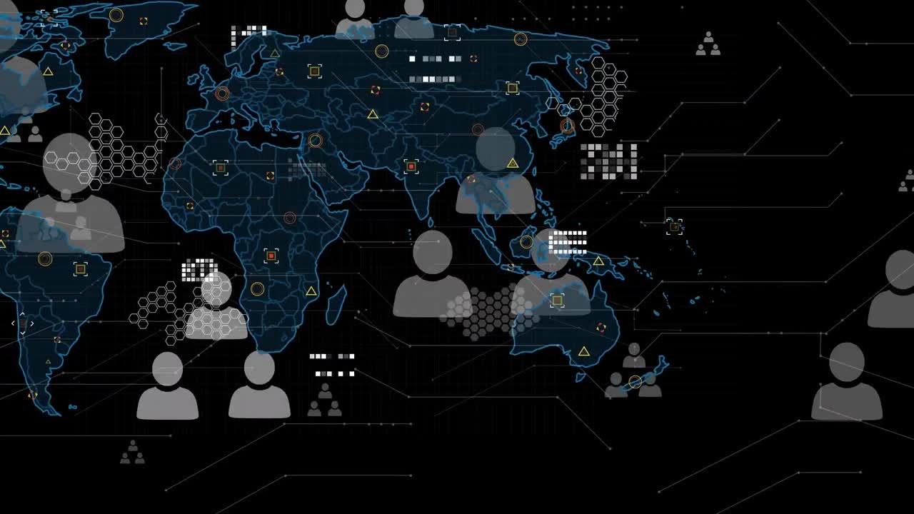 animación del procesamiento de datos con un mapa del mundo sobre un fondo negro