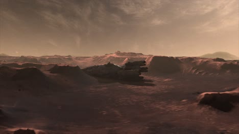 high quality cinematic 3d cgi render of a mars landscape scene flyover with the vast hulk of a crashed derelict spaceship, dead and long abandoned on the valley floor, in martian red color scheme