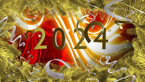 animación de texto de 2024, streamers de fiesta y ramas de abeto doradas en fondo de patrón rojo