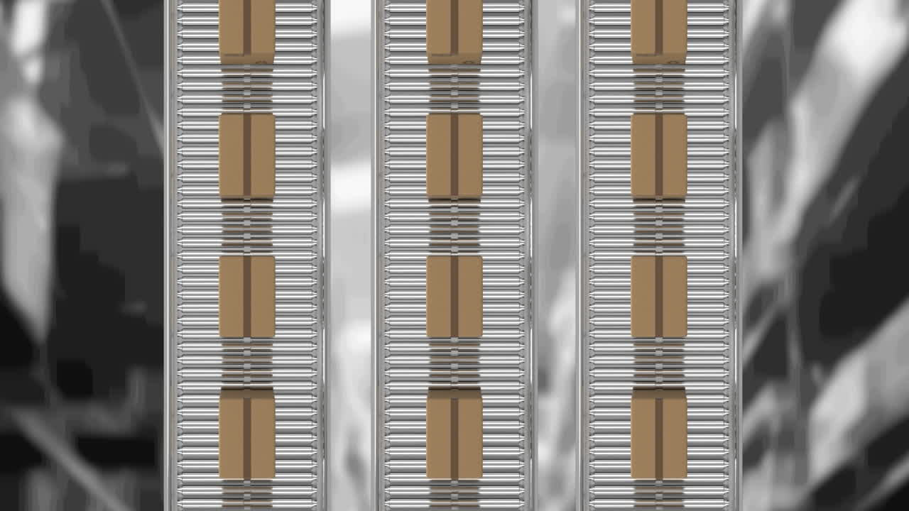 창고 위에서 컨베이어 벨트에 움직이는 카드보드 상자의 애니메이션