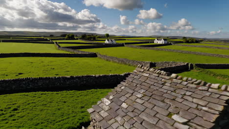 irish countryside farmlands with stone walls and traditional cottages