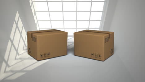 animation of two cardboard boxes falling on white floor with skylight in the background