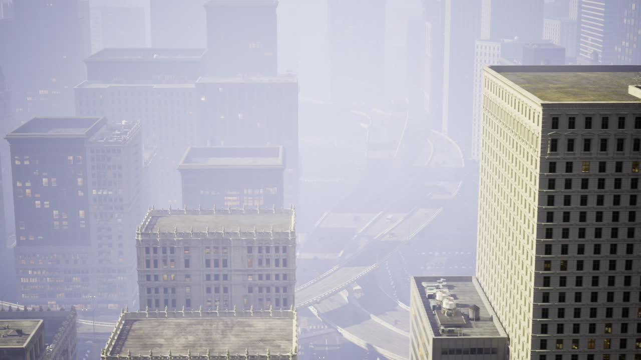 Mysterious fog envelops urban skyline as daylight fades into evening