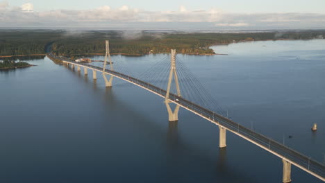 spectacular aerial view of replot bridge cable-stayed tuftform bridge, white car