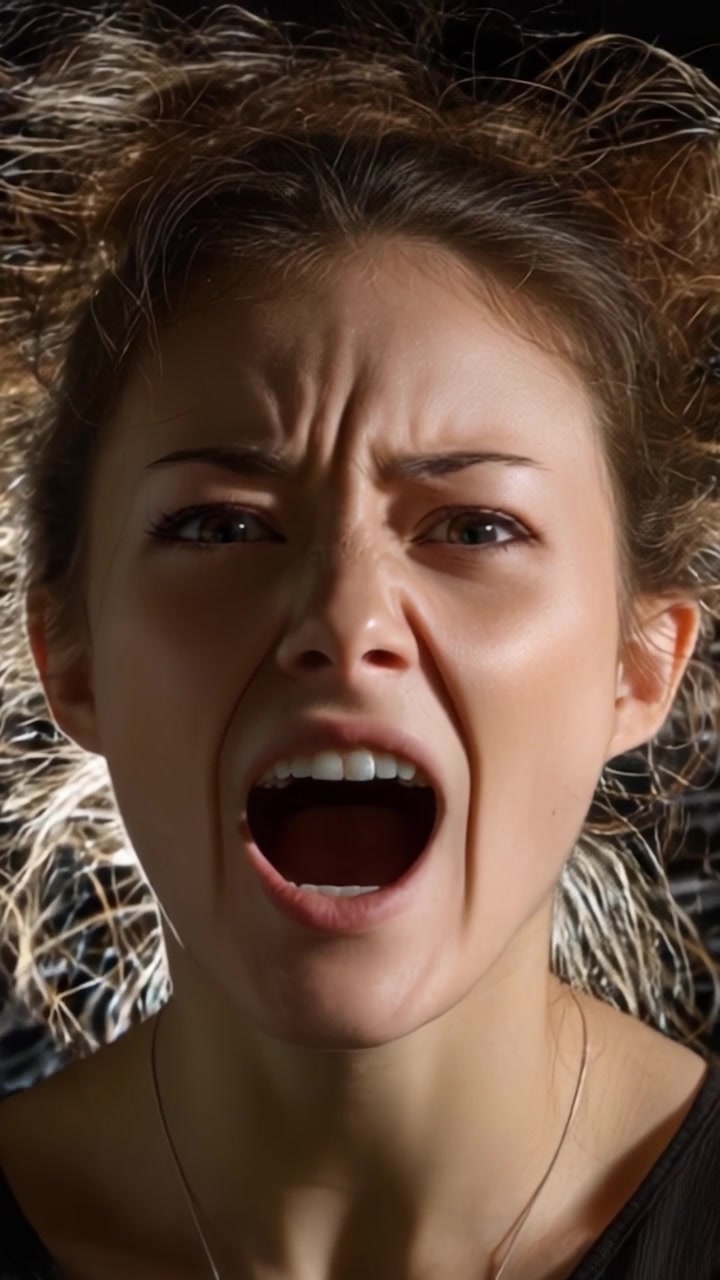 A woman expressing intense emotions with a fierce scream, showcasing raw feelings of anger and frustration against a dark, contrasting background of vivid light.