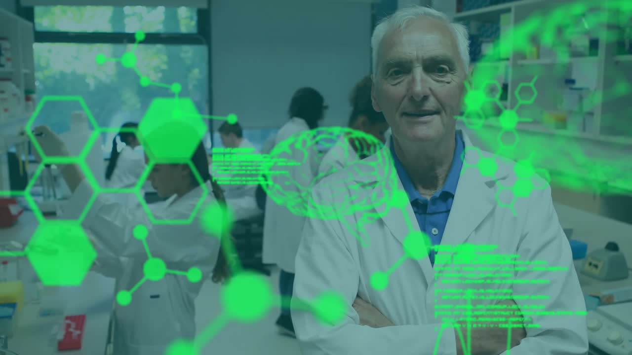 실험실에서 다양한 과학자들에 대한 데이터 처리 및 화학 공식의 애니메이션