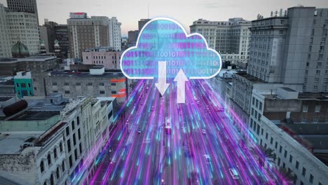 animación de gráficos de nube translúcidos y código binario con transmisión de datos de alta velocidad a la infraestructura en línea