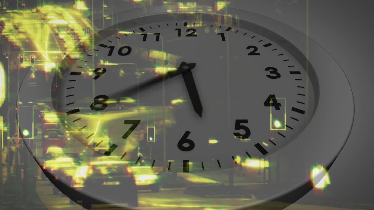 Frames starting at 2, overlay clock hands rotating over traffic truck appearing, showing time