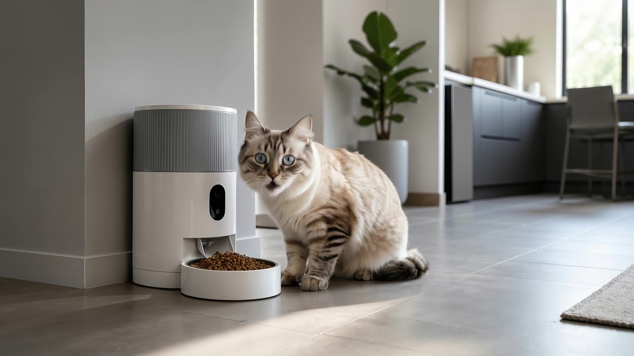 Gatto domestico seduto sul pavimento accanto a una mangiatoia automatica per animali domestici in una casa moderna.