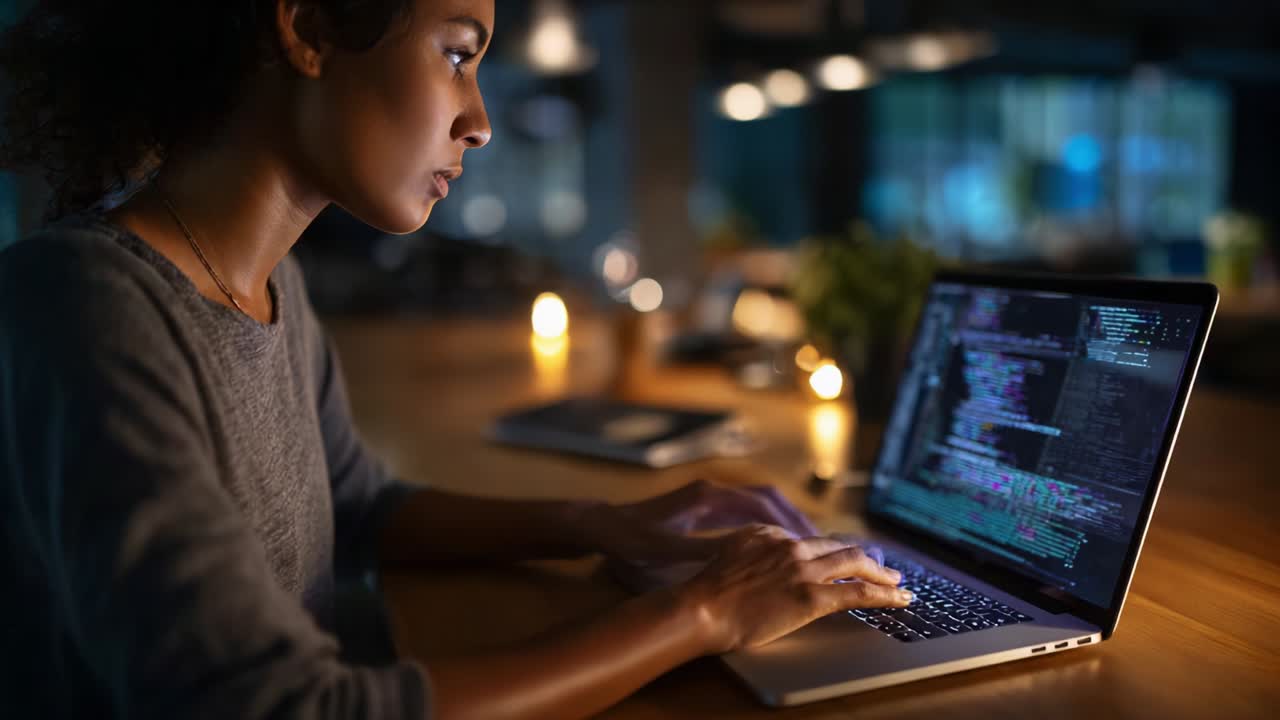 Focused Programmer Coding Late at Night on Laptop Surrounded by Soft Candlelight, Capturing the Intensity and Inspiration of Software Development in a Cozy Environment