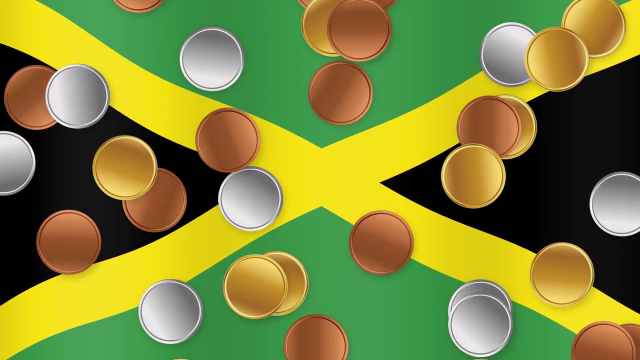 Gold, Silver, and Bronze Coins Falling Over Jamaican Flag