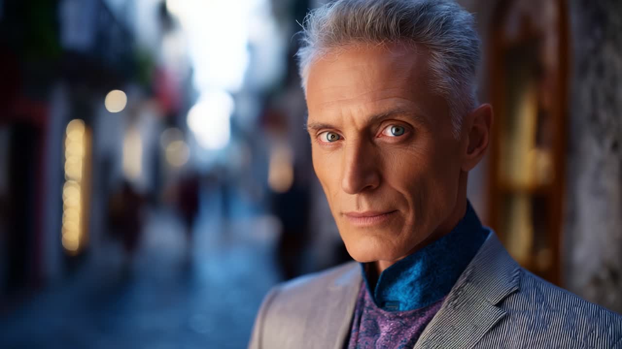 A Sophisticated Man with Silver Hair and Intense Gaze Stands Confidently on a Historic Street, Capturing Attention with His Unique Style and Charisma