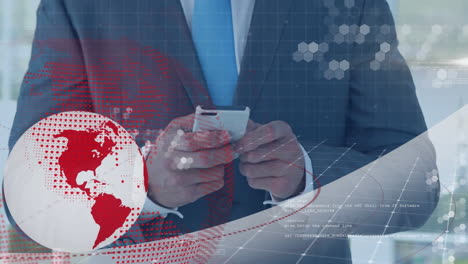 animation of red and white globe and data processing over hands of businessman using smartphone