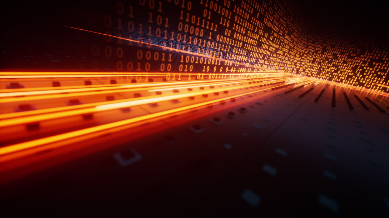 Flowing neon lines with binary data background, 3d rendering
