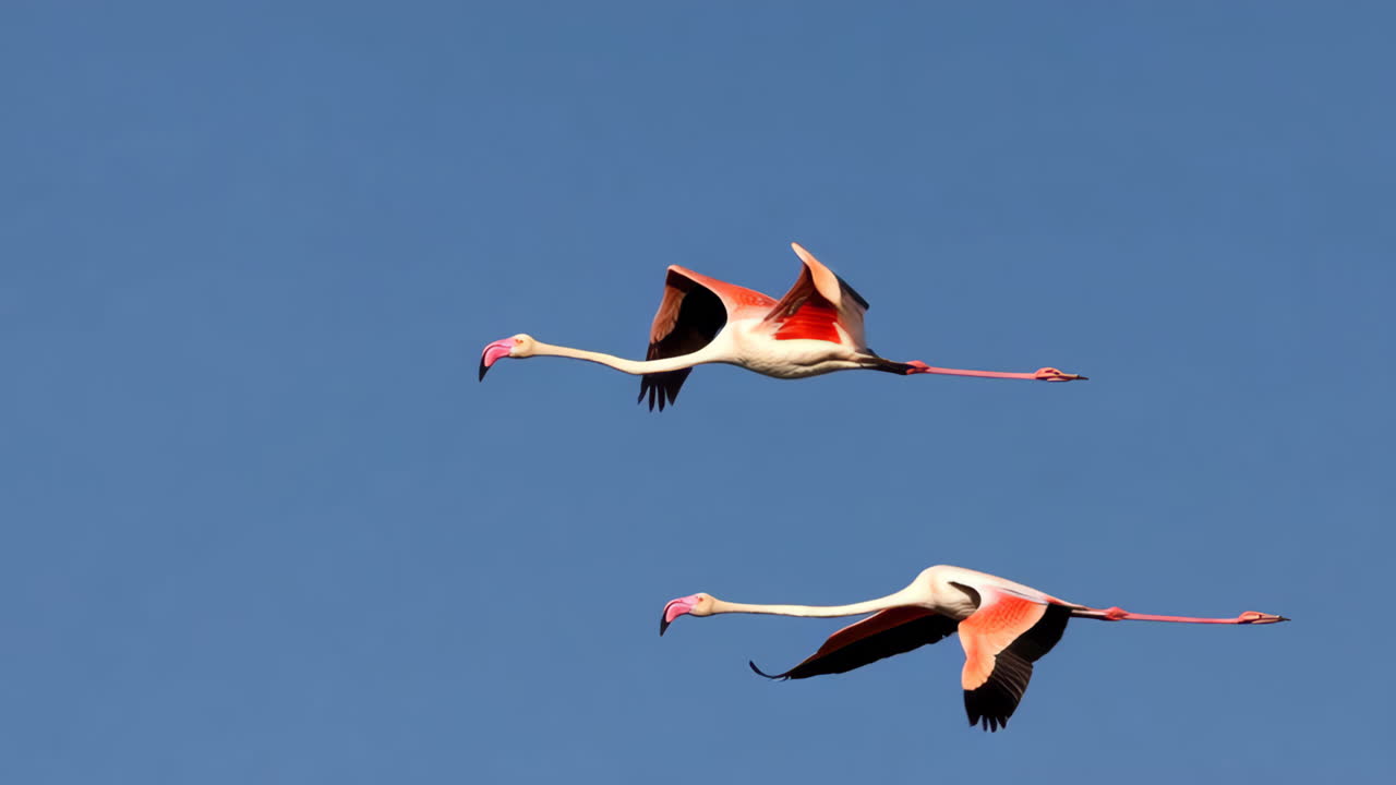 Two Flamingos Flying in a Blue Sky