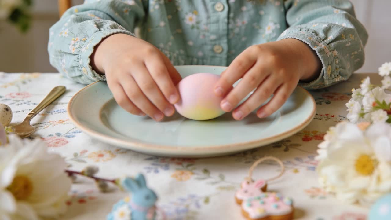 Reaching child in blue floral blouse touching, centering pastel egg on ceramic plate at home table