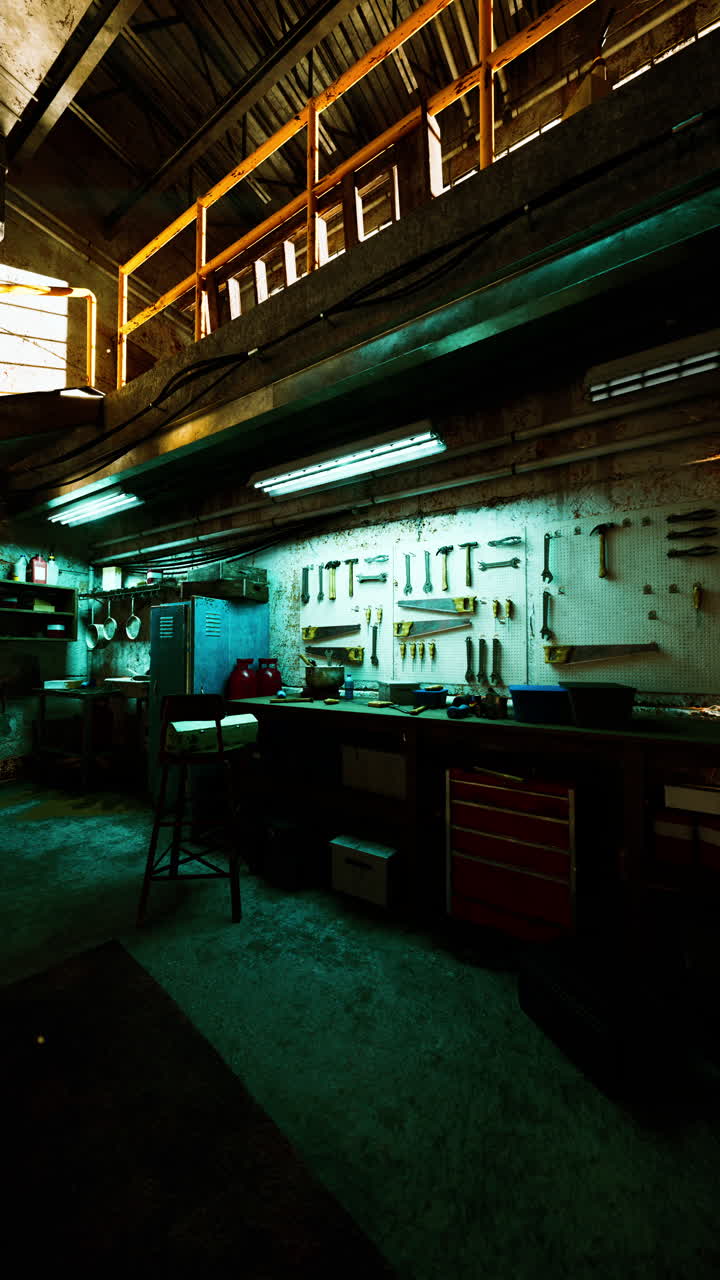 Dimly lit auto repair shop with tools